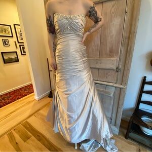 Maggie Sottero Silver Embellished Evening Gown size 8 10